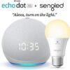 All-new Echo Dot (4th Gen) with clock - Glacier White - bundle with Sengled Bluetooth bulb (Certified for Humans product)