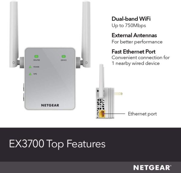 NETGEAR Wi-Fi Range Extender EX3700 - Coverage Up to 1000 Sq Ft and 15 Devices with AC750 Dual Band Wireless Signal Booster & Repeater (Up to 750Mbps Speed), and Compact Wall Plug Design