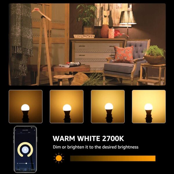 Smart LED Light Bulbs, Works with Alexa and Google Home, 60 Watt Equivalent, Dimmable with App, Warm White 2700K, No Hub Required, A19 E26, 2.4GHz WiFi, Pack of 4